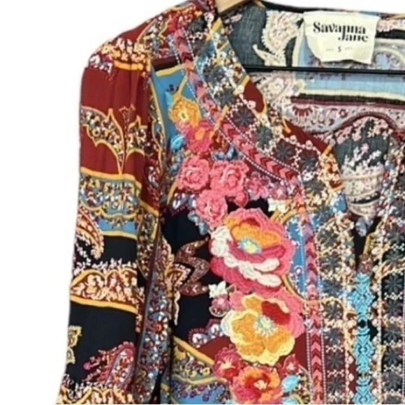 Savanna Jane Boho Floral Embroidered Paisley Bell Sleeve Black Top Size Small - Picture 9 of 13